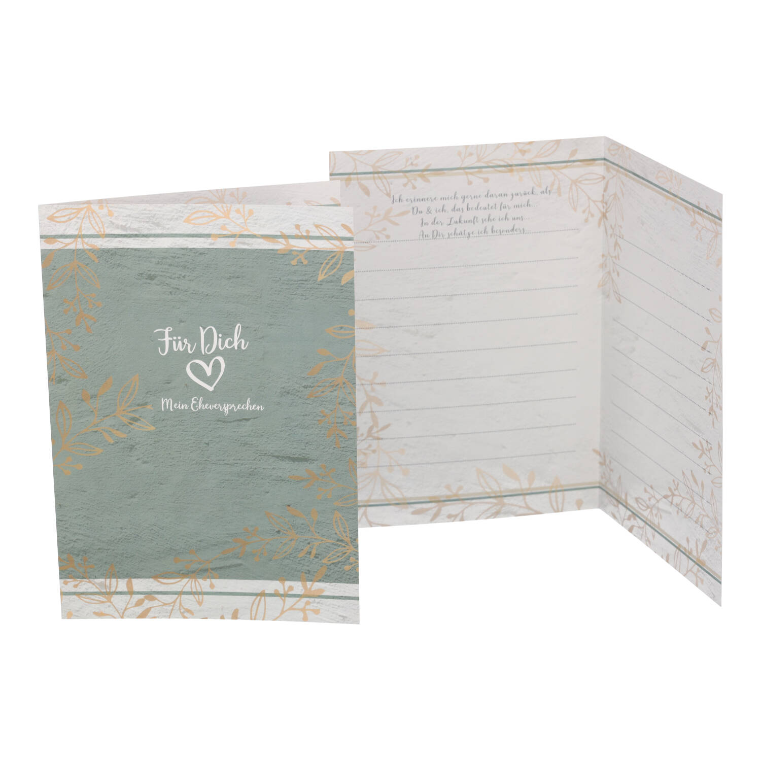 Liniertes Kartenset in gruen -beige mit Aufschrift Für dich mein Eheversprechen und floralem Muster