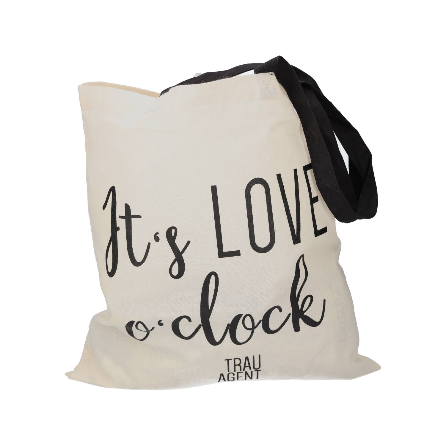 Baumwolltasche beige mit schwarzem Henkel Aufschrift It's Love o'clock Trauagent Logo