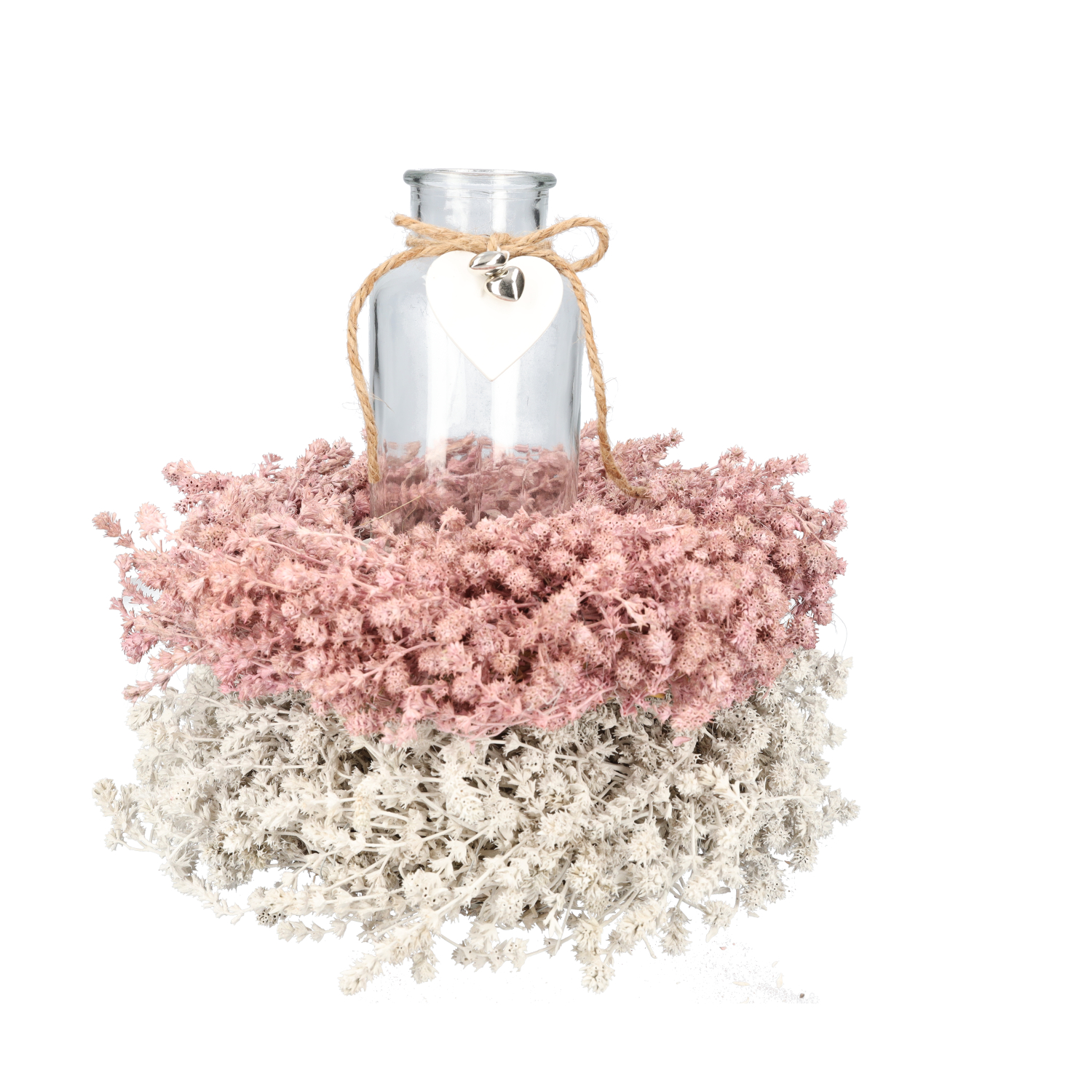 rosa und weißer Leinenkraut Kranz liegen übereinander darin kleine Vase zur Zierde.