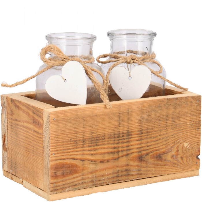 Holz Kästchen mit 2 Glasvasen umwickelt mit Band mit 2 weißen Herzen